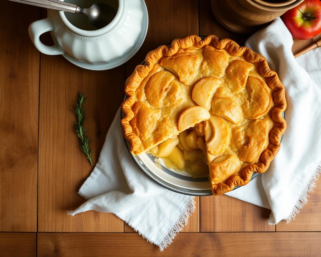 A warm, golden apple pie fresh from the oven